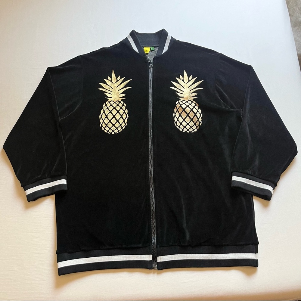 FARM RIO black knit suede velvet‎ pineapple fruit gold metallic graphic bomber